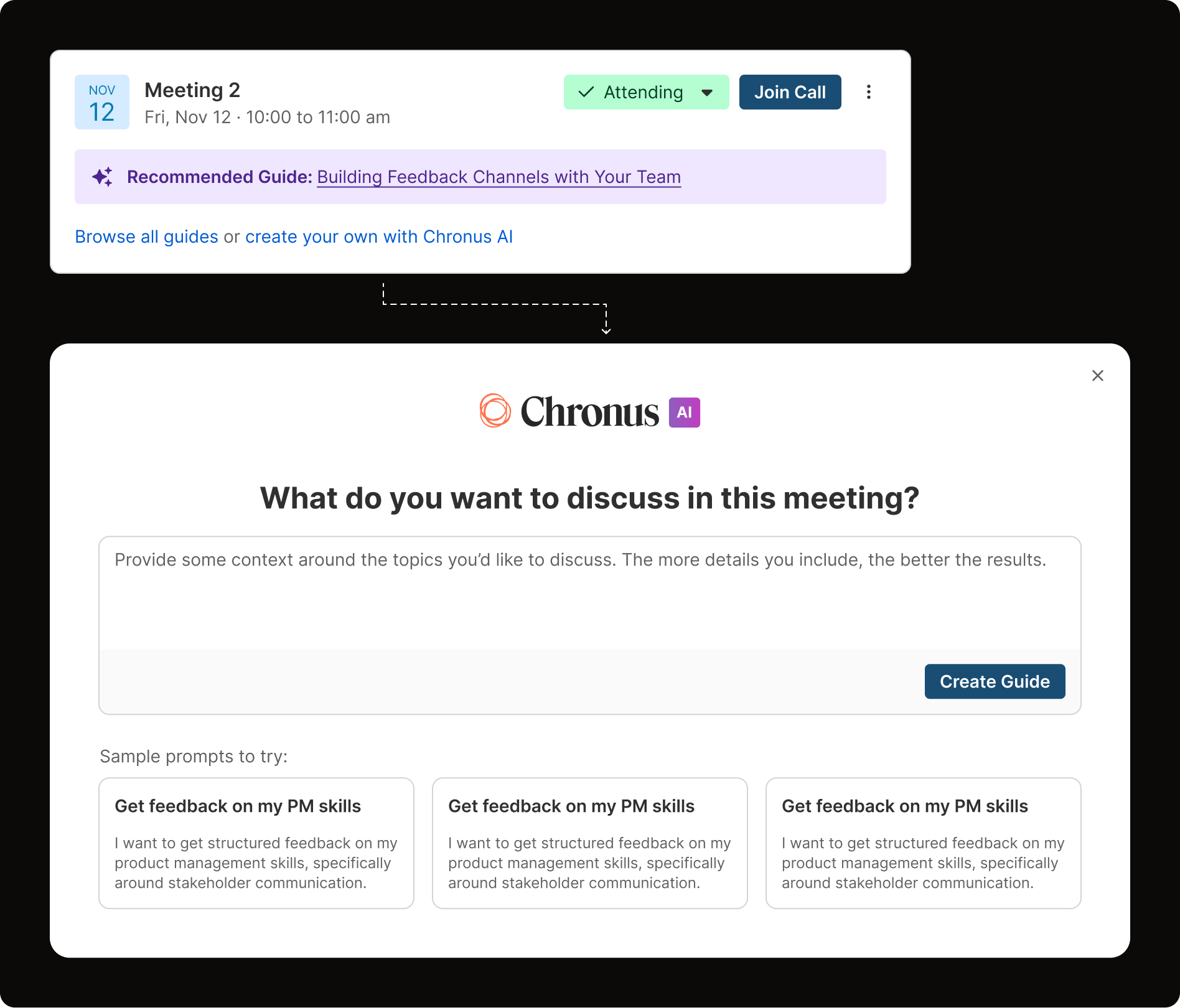 A meeting card recommending an AI-personalized guide, and the dialog for generating a new guide from a prompt