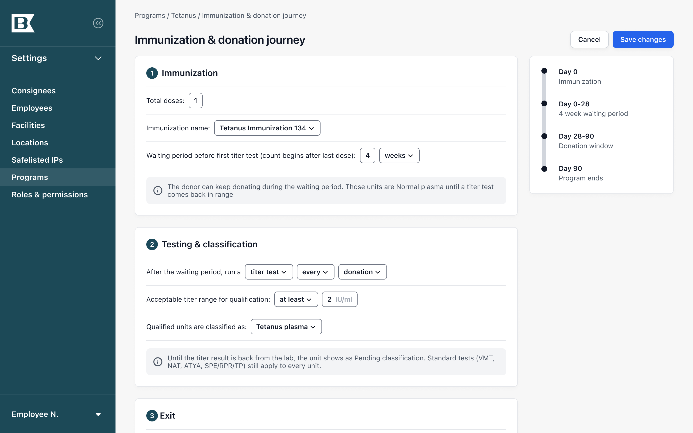 Immunization and donation schedule configuration
